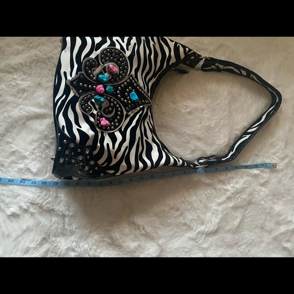 Hobo Shoulder Bag Zebra Print with Patent Black, Rhinestones, Turquoise & Pink - Picture 10 of 16